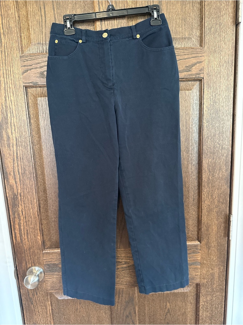 St. John Sport Marie Gray Navy Straight-Leg Pants Gold-Tone Hardware 8 Cropped